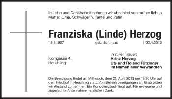 Traueranzeige von Franziska Herzog von Pegnitz-Zeitung